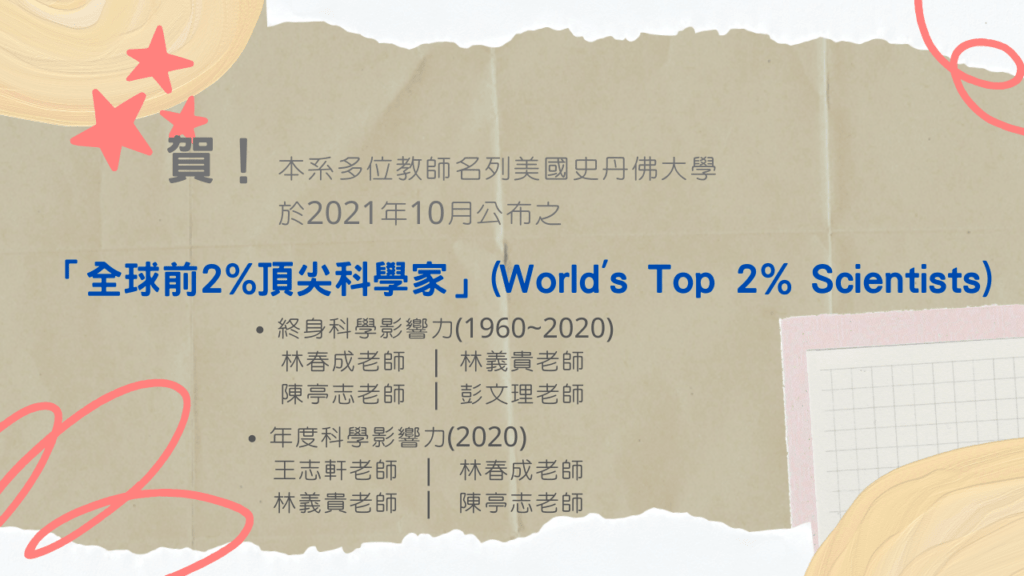 賀！本系多位教師名列美國史丹佛大學於2021年10月公布之「全球前2頂尖科學家」 Worlds Top 2 Scientists 「終身科學影響力1960 2020」 「年度科學影響力2020 」 1