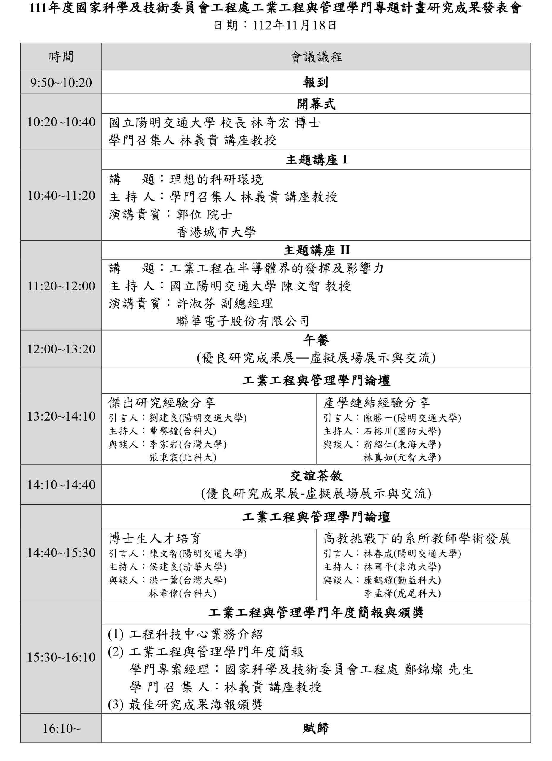 2023工工學門成果發表會會議議程